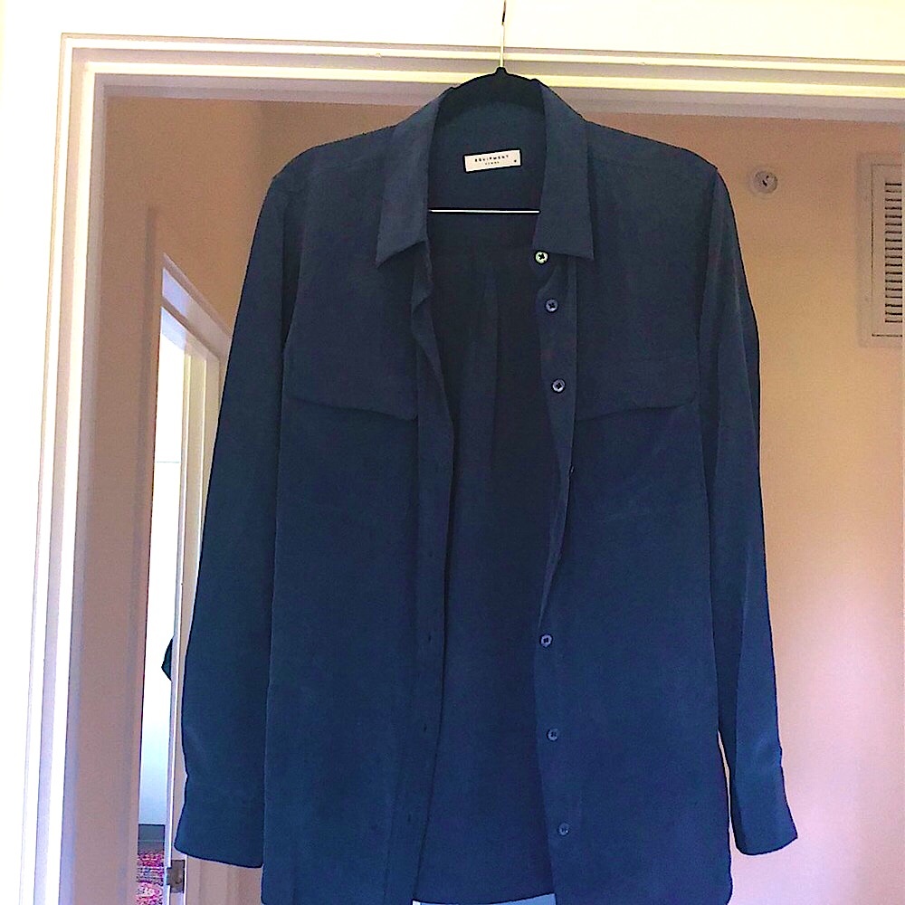 Blue silk button up shirt